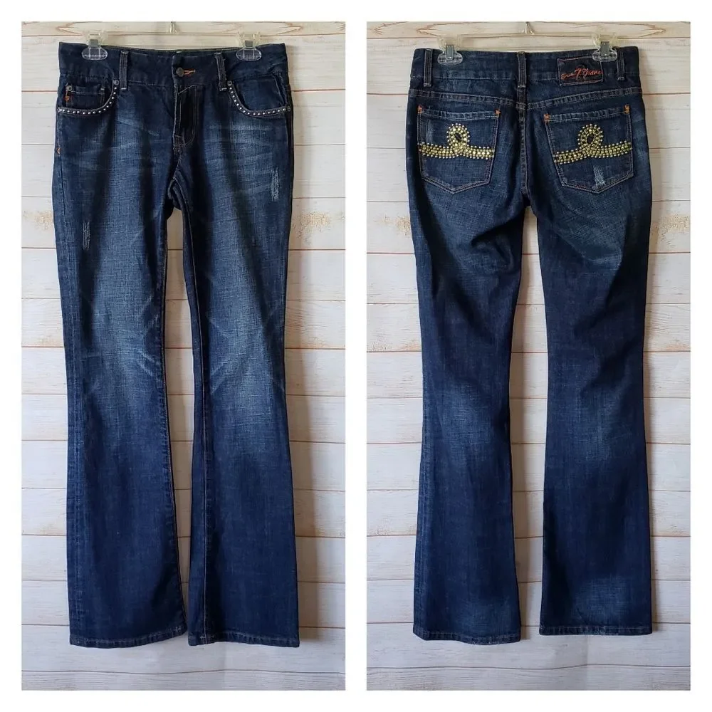 7 For All Mankind Embellished Rhinestone Distressed Regular Bootcut Denim Jeans